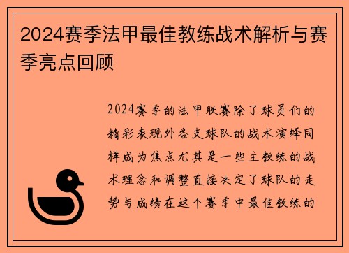 2024赛季法甲最佳教练战术解析与赛季亮点回顾